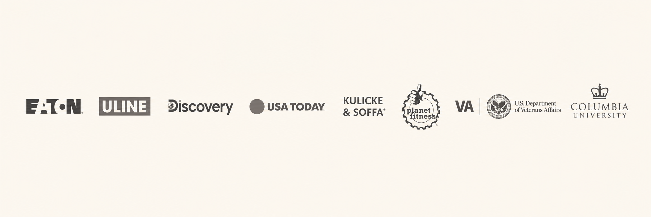 Logos of organizations Kristal has worked with: Eaton, Uline, Discovery, USA Today, Kulicke & Soffa, Planet Fitness, U.S. Department of Veterans Affairs, Columbia University